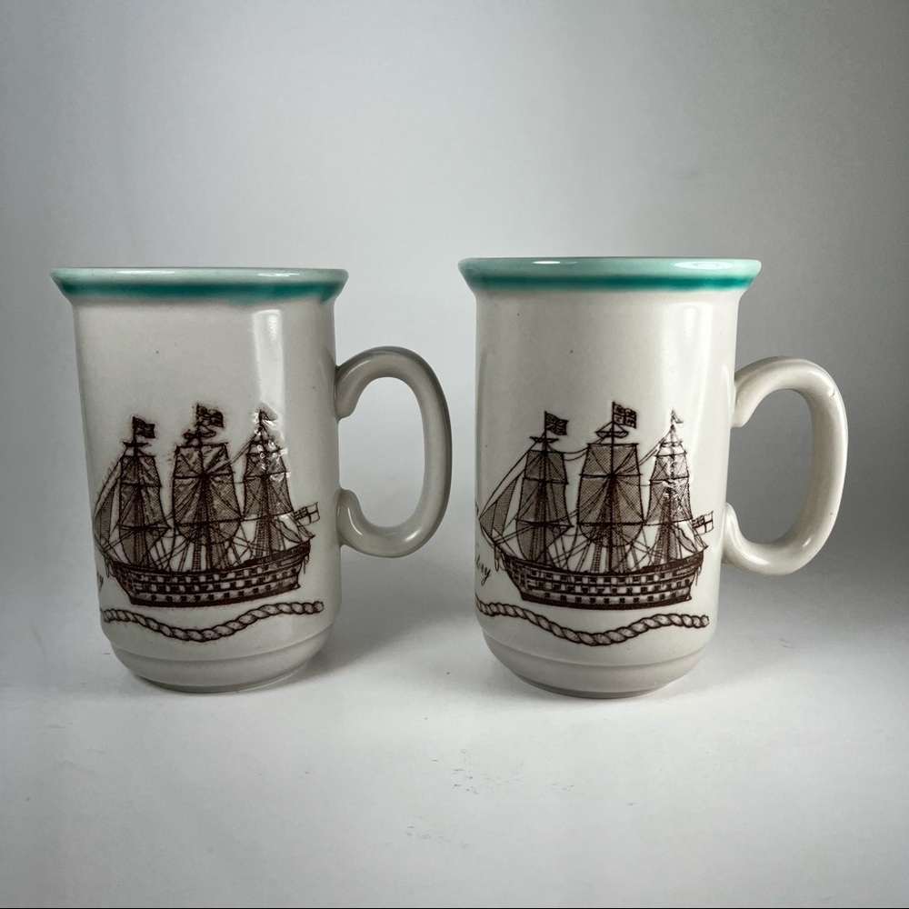Vintage Churchill England HMS Victory Mugs Sail Ship Celtic Knot Cup Set of 2